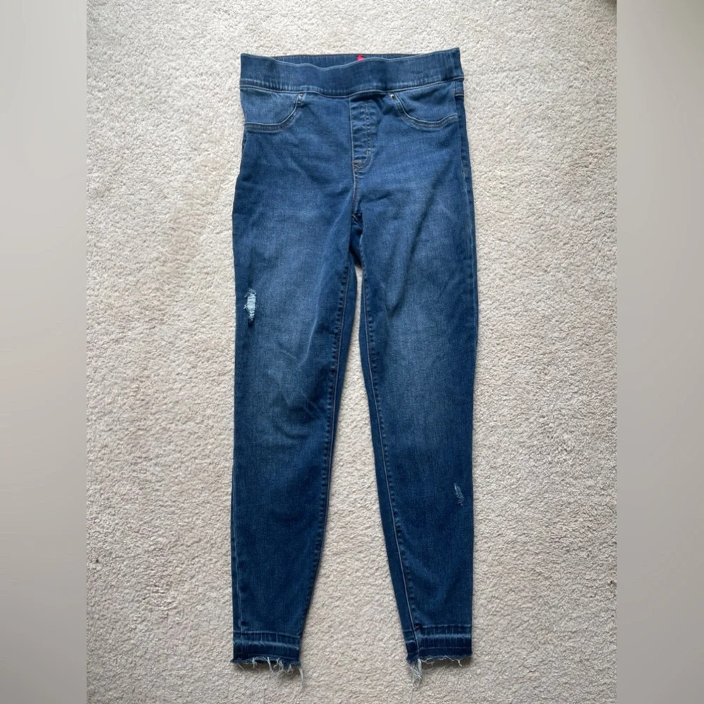 Spanx Pull On Denim Blue Distressed Ankle Skinny Jeans Medium Wash - Picture 2 of 5